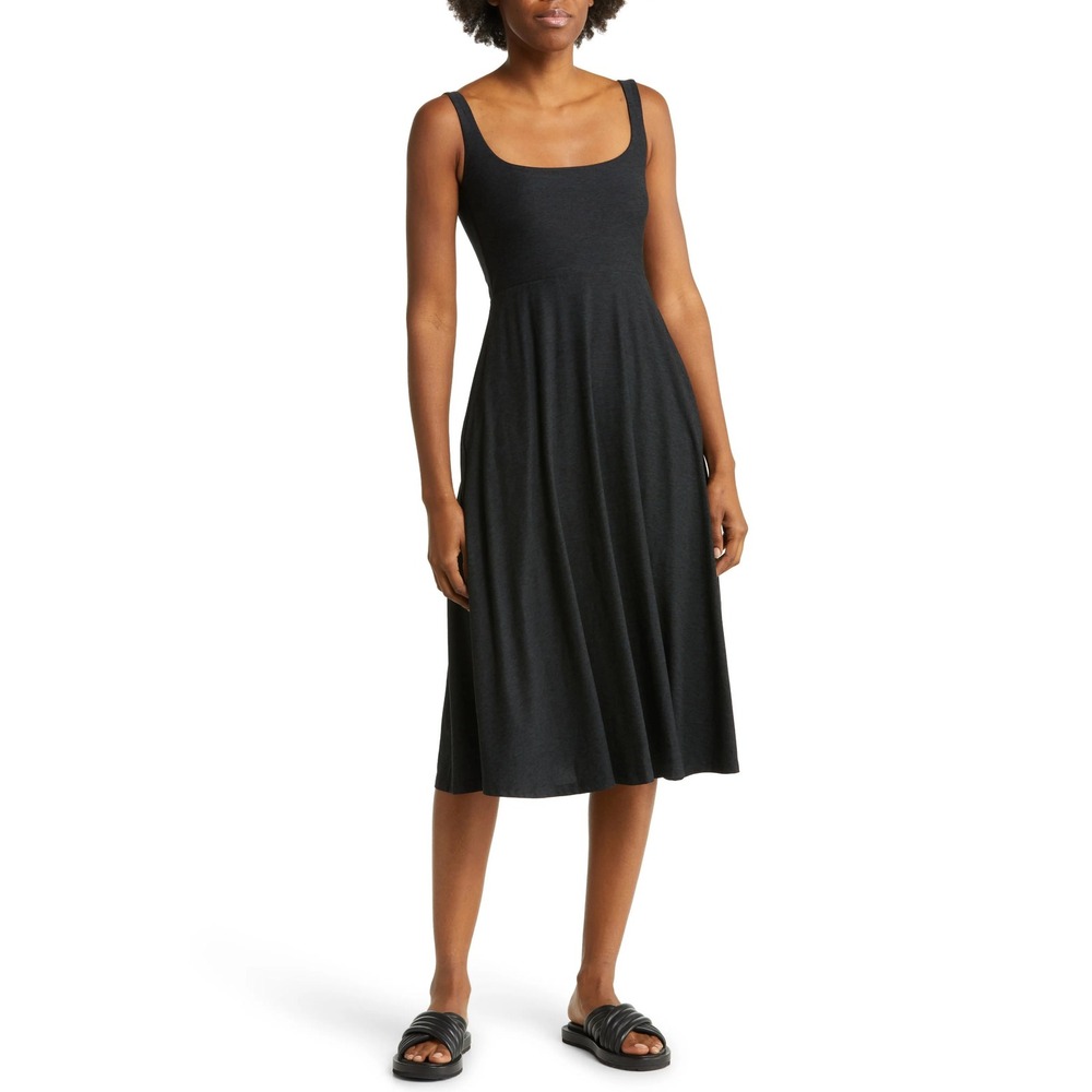 Beyond Yoga Spacedye Midi Dress Black Charcoal Heather Scoop Neck Large